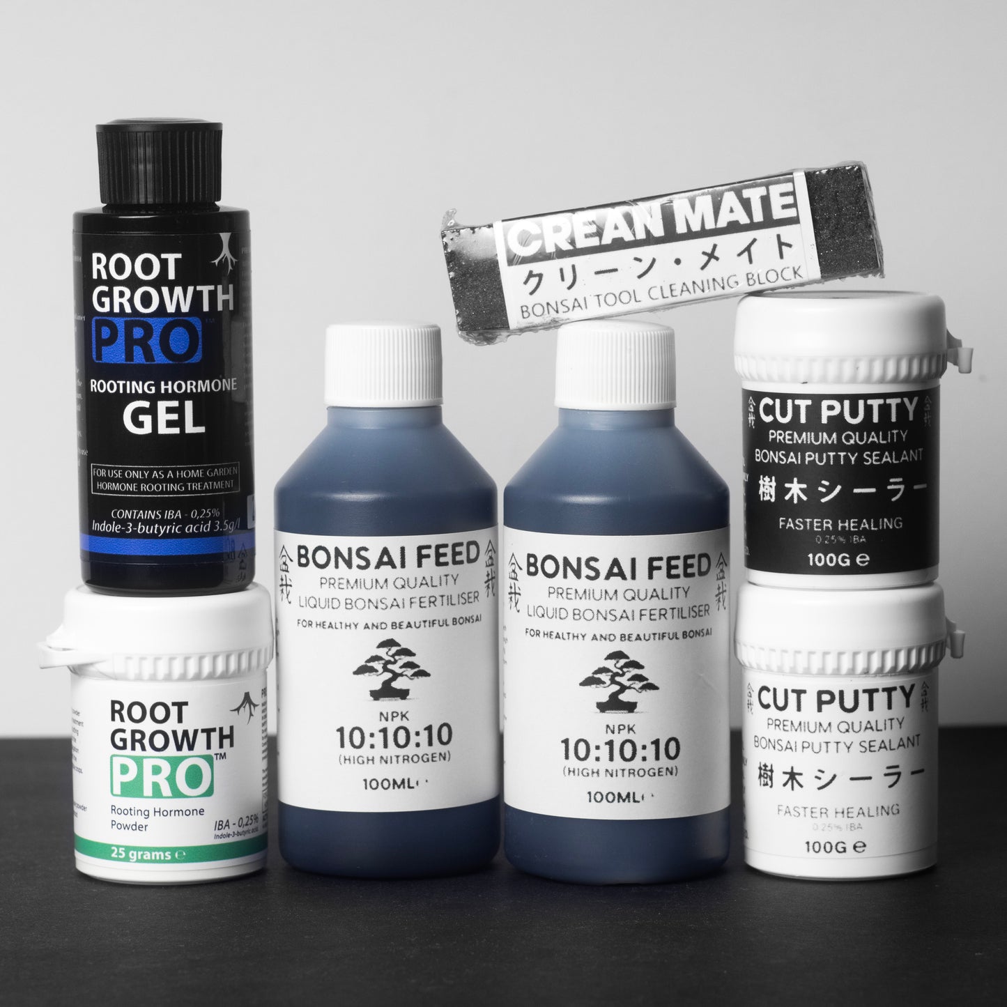 Big Bonsai Bundle, Rooting Powder, Rooting Gel, Bonsai Feed, Crean Mate, Bonsai Cut Puttys, Front