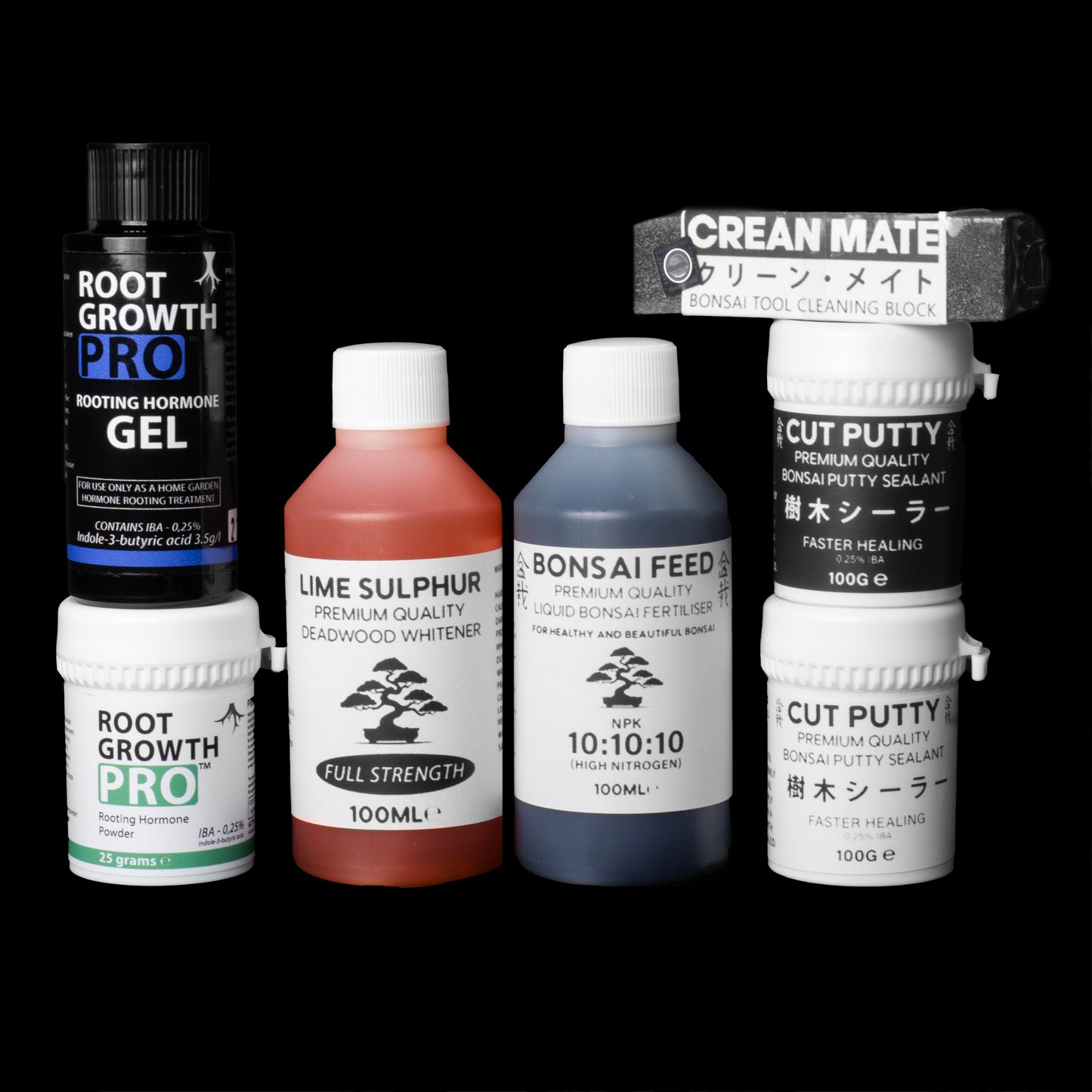 The Big Bonsai Bundle: Rooting Hormone Powder, Rooting Hormone Gel, Lime Sulphur, Bonsai Fertiliser, Bonsai Cut Putty (Grey & Brown) & a Crean Mate