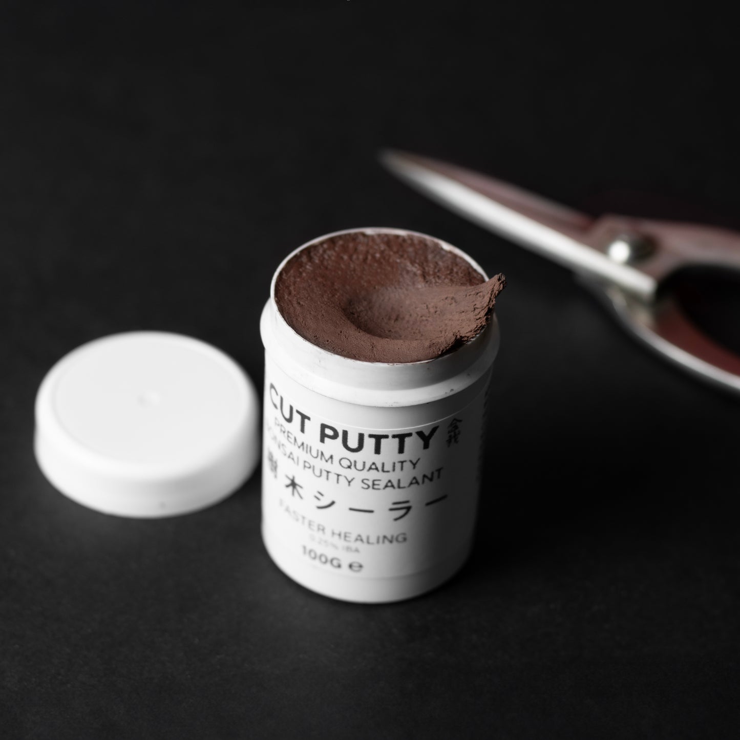 Bonsai Cut Putty, Cut Paste, Grey and Brown Colored, Inside the Brown Tub showing colour of putty